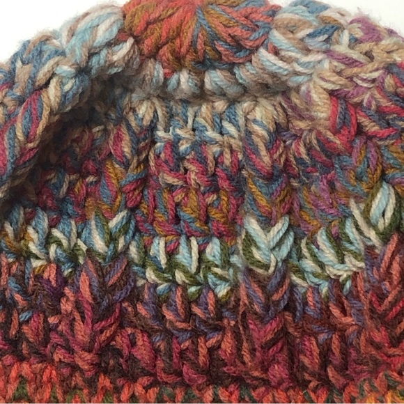 Girls Knit Hat Tan, Blue, Pink, Orange Hand Knitted Beanie Hat - Picture 3 of 5